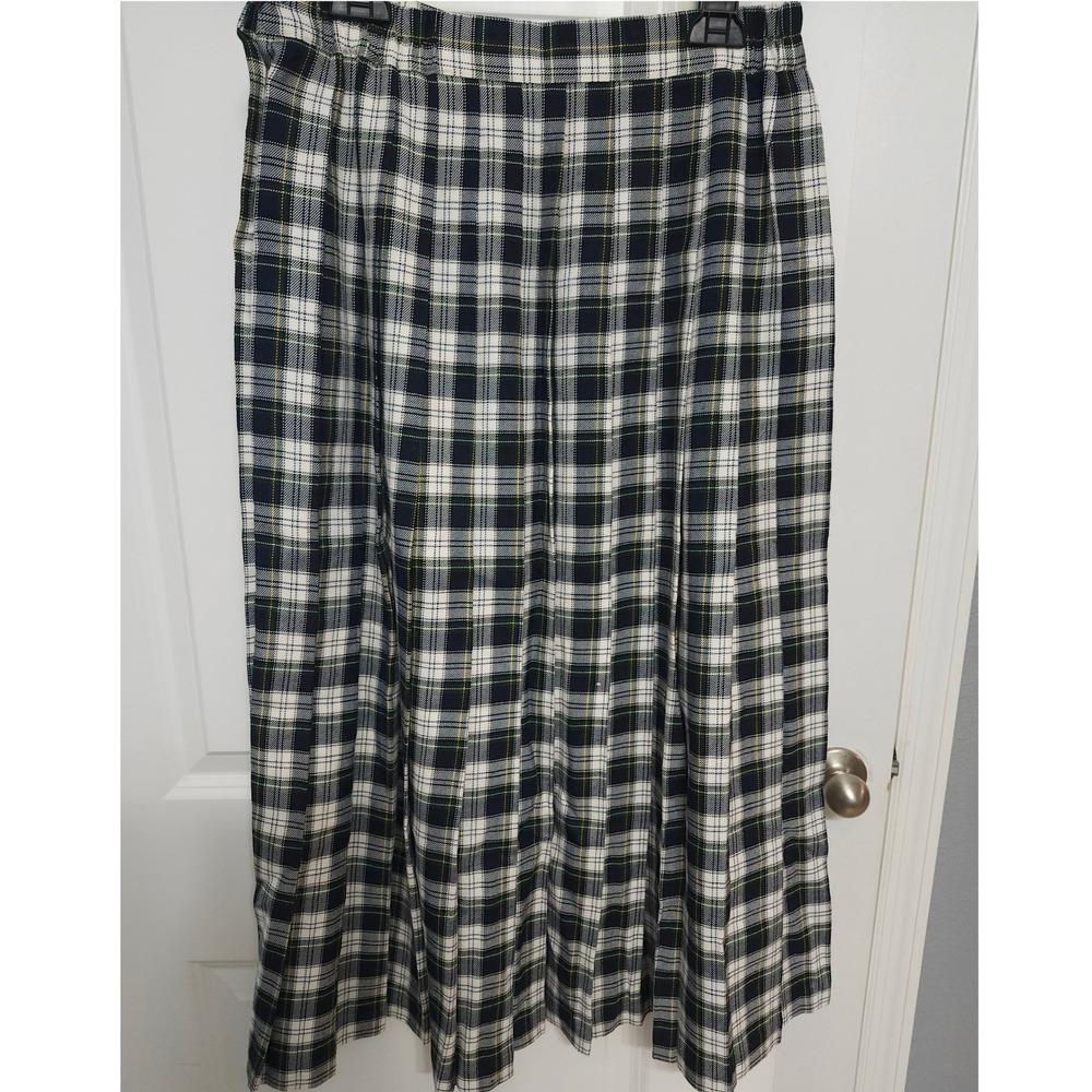 Vintage Lloyd New York Plaid Pleated Midi Skirt Navy White Green Size 12 USA - Picture 7 of 7